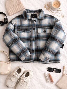 Hurley Plaid Puffer Jacket in Black, Blue, and White